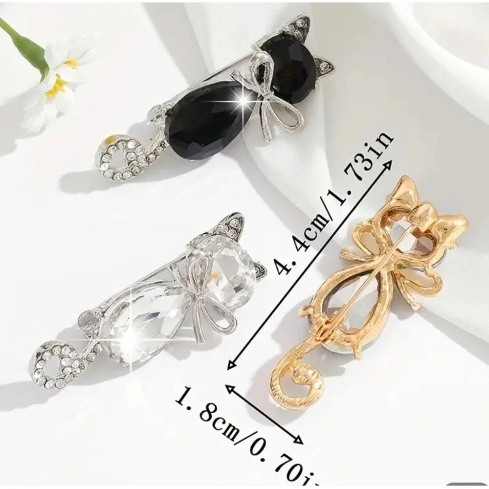 Black Cat Crystal‎ Brooch Pin Silver Tone Rhinestone Feline Jewelry Accessory